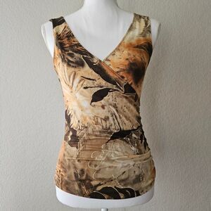 Vintage Caché brown & tan earthy botanical floral print tank top Size M